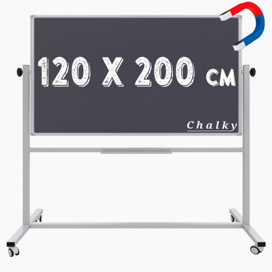 Chalky Mobil Tekerlekli Çift Taraflı Manyetik Kara Tahta 120x200 cm