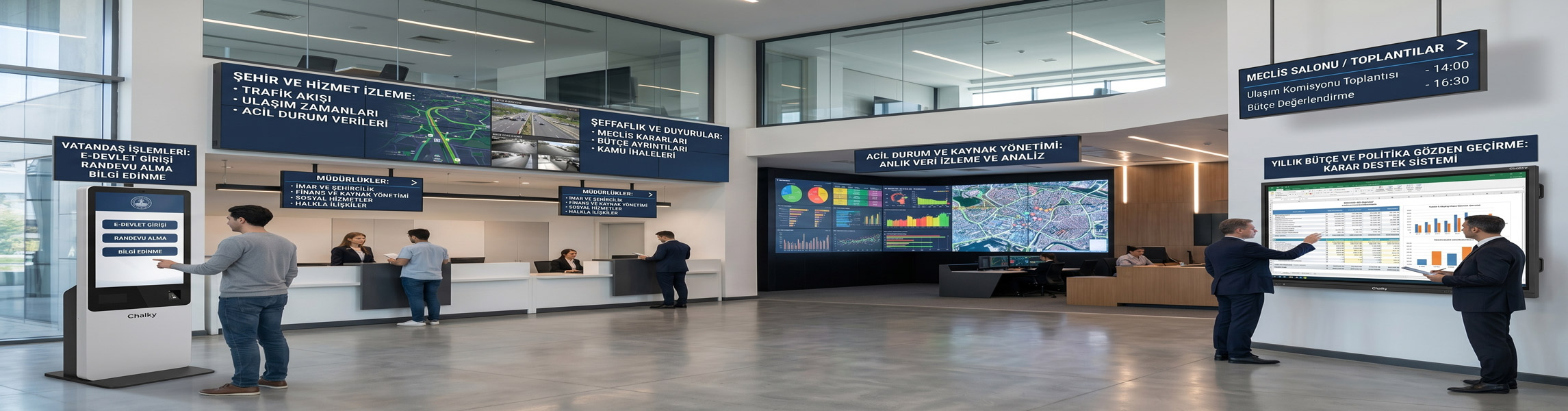 Chalky Kamu ve Yerel Yönetim Çözümleri: Akıllı Tahta Üzerinde Şehir Planlama Sunumu, Meclis Salonu, Dijital Bilgilendirme Totemi, Video Wall ve LED Ekran Füzyonu.