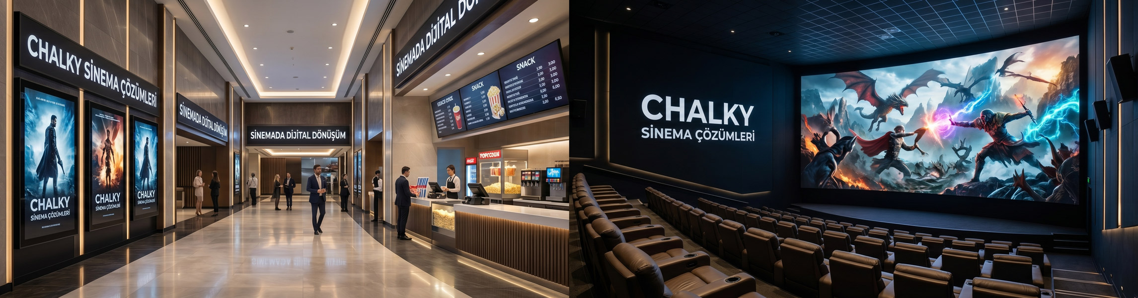 Chalky Sinema Çözümleri: Cinema LED Ekran Teknolojisi, Dijital Film Afişleri, Fuaye Digital Signage ve Menü Board Sistemleri.